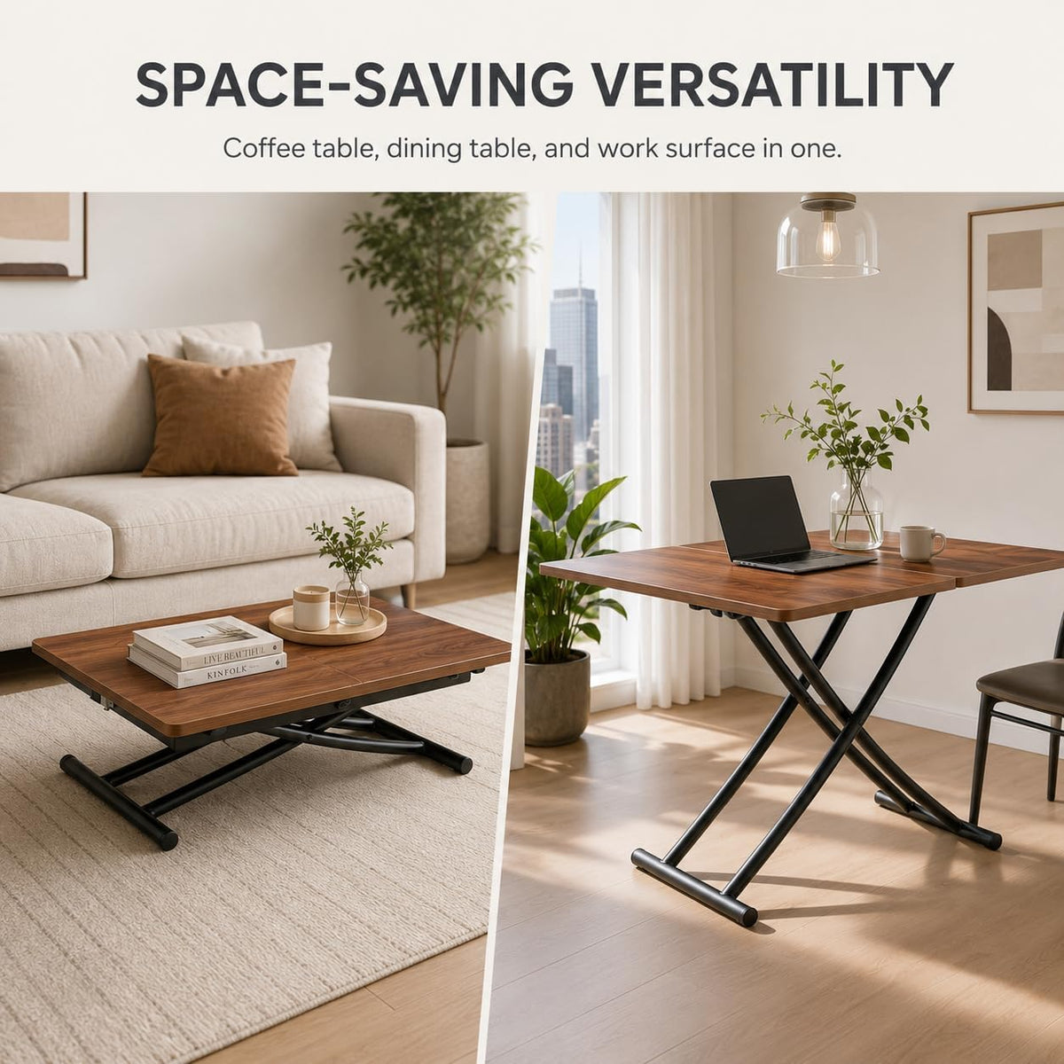 Liftable Folding Dining Table for 4, Adjustable Drop Leaf Table, Multi Functional Coffee Table for Small Spaces, Scratch-Resistant Wood Top with Metal Frame for Apartment Kitchen Living Room