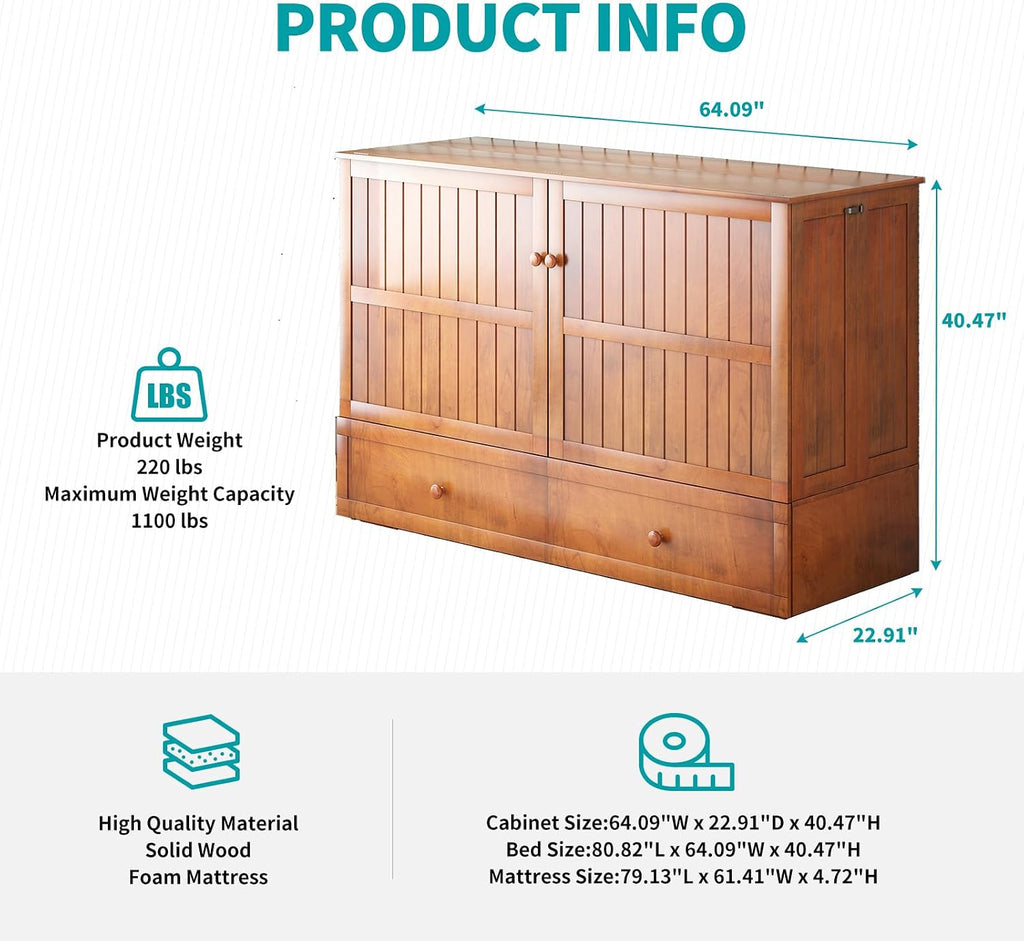 BALUS Murphy Bed, Queen Cabinet Bed with 2 Spacious Storage Drawers-Cherry | USB Charing Station, Spacious Drawer, Space Saving, Queen Bed Frame