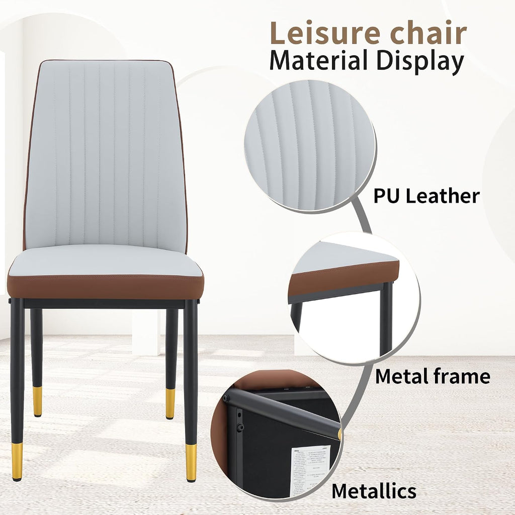 Modern Dining Table Set for 6, Marble Kitchen Table Chair Set for 6, Rectangular Kitchen Table with 6 Pu Leather Upholstered Chair for Dining Room