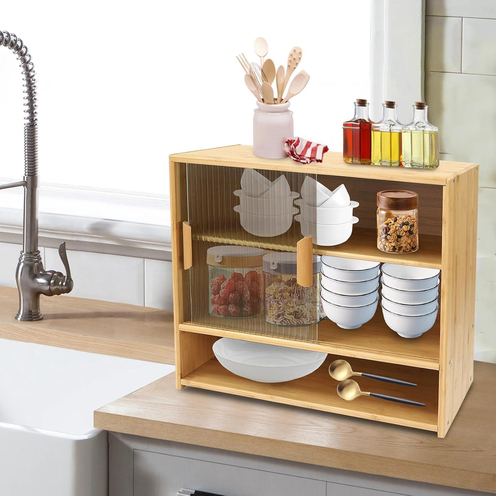 Small Bamboo Kitchen Pantry Sideboard w/ 2 Sliding Striped Glass Doors, Freestanding Countertop Storage Cabinet w/Adjustable Height, 3-Tier Kitchen Cabinet Utility Cupboard for Bottles, Dish, Bowl