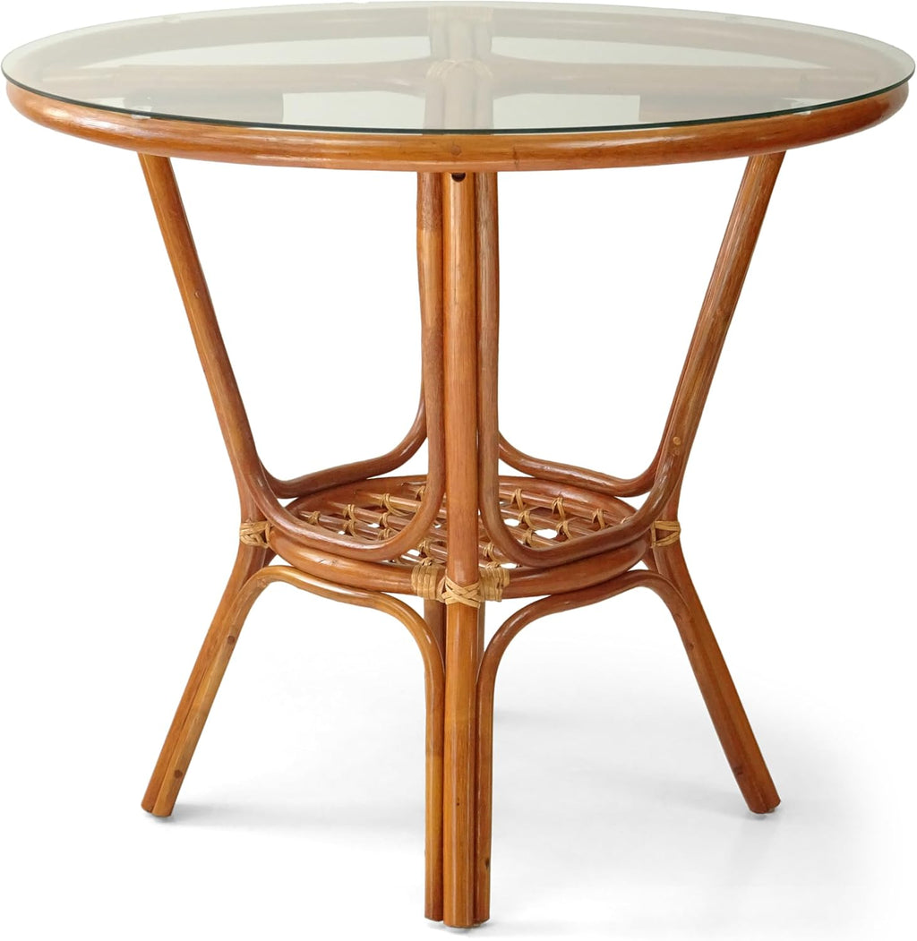Rattan Wicker Dining Round Table Glass Top and 4 Denver Side Chairs with Cream Cushions, Dining Table Set for 4, Tropical Style Dining Table Set for Four, Colonial Color