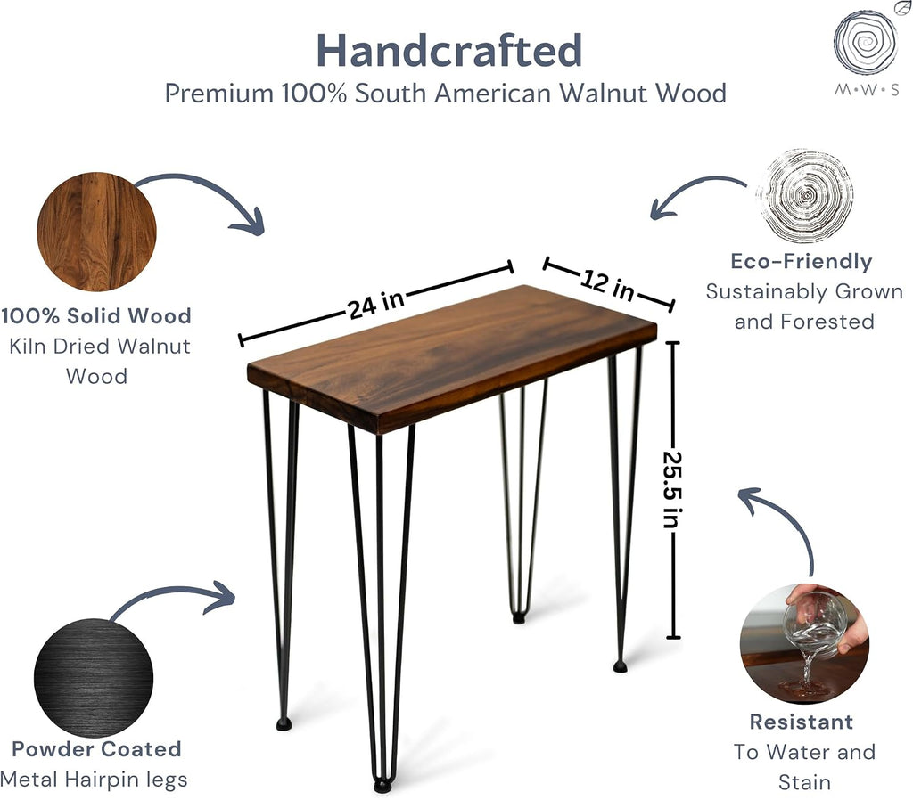 Walnut Solid Wood Side Table - 24 W 12 D Narrow End Table for Living Room, Hairpin Metal Legs, Water & Stain Resistant Finish