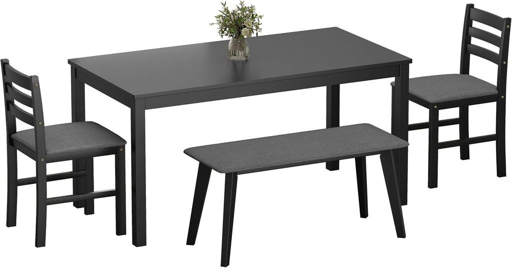 Dining Table Set for 4, Solid Wood Kitchen Table Chairs Set of 4, 43.3” Space-Saving Mid Century Modern Dining Room Table with Chairs and Bench for Kitchen, Living Room,Breakfast Nook, Black
