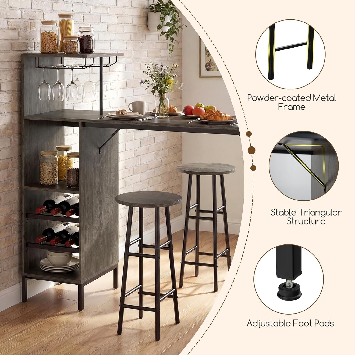 Giantex 3 Pieces Bar Table and Stools Set, Bistro Table Set with Glass Holder, 2 Tier Wine Rack & Storage Shelves, Kitchen Counter Table with 2 Stools for Home, Dining Room, Restaurant (Oak Gray)