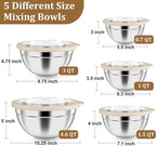 P&P CHEF Mixing Bowl with Visible Airtight Lid Set of 5, 10-Piece Stainless Steel Nesting Salad Bowl Set for Prepping, Mixing and Serving, Size 4.6, 3, 1.5, 1, 0.7 QT, Rimmed Edges & Flat Base, Khaki