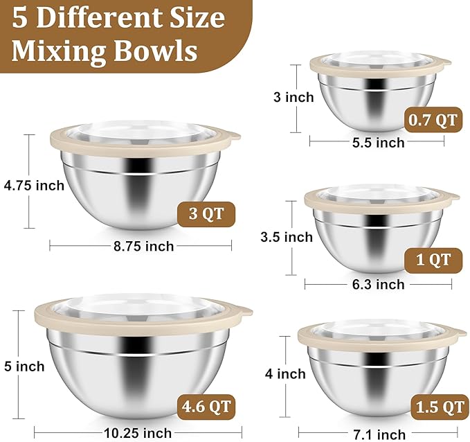 P&P CHEF Mixing Bowl with Visible Airtight Lid Set of 5, 10-Piece Stainless Steel Nesting Salad Bowl Set for Prepping, Mixing and Serving, Size 4.6, 3, 1.5, 1, 0.7 QT, Rimmed Edges & Flat Base, Khaki