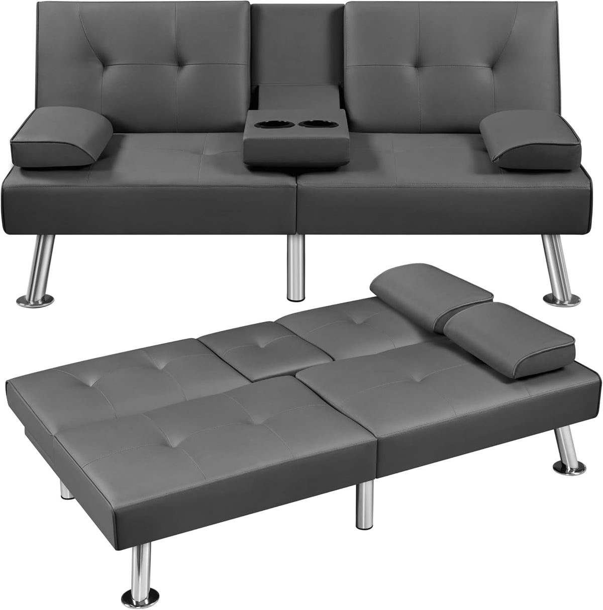 Yaheetech Convertible Futon Sofa Bed Loveseat with Cup Holder, Gray | 3 Angles Sofa, Recliner Chair, Bed, Compact Faux Leather Love Seat for Living Room, Guest Room, Dorm, Small Apartment