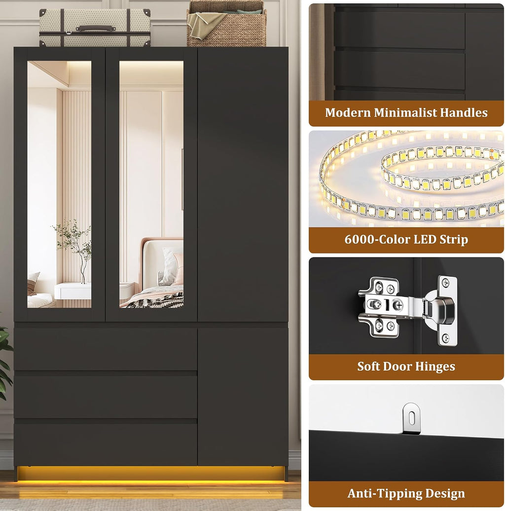 75"H Tall Modern 3 Doors Wooden Armoire Wardrobe Closet with 3 Drawers & 2 Mirror,Clothing Storage Cabinet with Hanging Rod,Bedroom Large Freestanding Armoires with Led Lights for Bedroom,Black