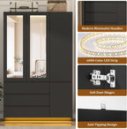 75"H Tall Modern 3 Doors Wooden Armoire Wardrobe Closet with 3 Drawers & 2 Mirror,Clothing Storage Cabinet with Hanging Rod,Bedroom Large Freestanding Armoires with Led Lights for Bedroom,Black