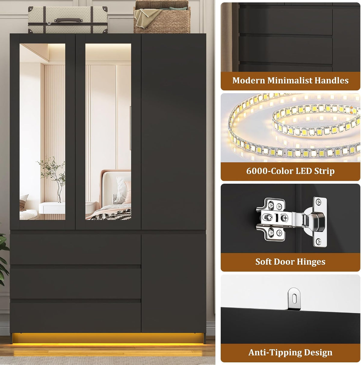 75"H Tall Modern 3 Doors Wooden Armoire Wardrobe Closet with 3 Drawers & 2 Mirror,Clothing Storage Cabinet with Hanging Rod,Bedroom Large Freestanding Armoires with Led Lights for Bedroom,Black