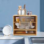 Small Bamboo Kitchen Pantry Sideboard w/ 2 Sliding Striped Glass Doors, Freestanding Countertop Storage Cabinet w/Adjustable Height, 3-Tier Kitchen Cabinet Utility Cupboard for Bottles, Dish, Bowl