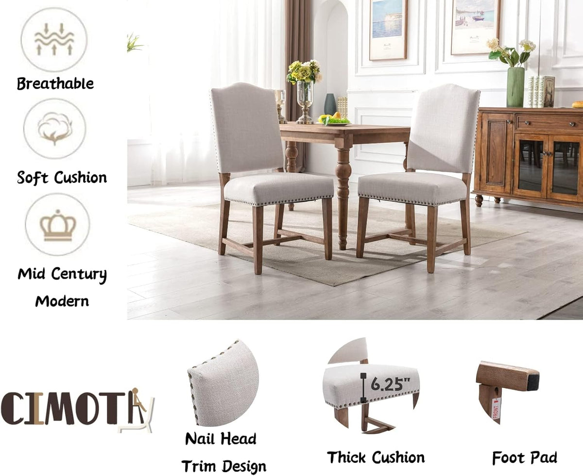 CIMOTA Mid Century Modern Dining Chairs Set of 6, Farmhouse Upholstered Dining Room Chairs Comfortable Kitchen Side Chairs with High Back/Natural Solid Wood Frame, Linen Beige