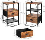 sthmec Nightstands Set of 2, Night Stands with Charging Station and Fabric Drawer, Bedside Tables with Drawers, 2- Tier Side Table with Open Shelf, Nightstands with Charging Station,Rustic Brown
