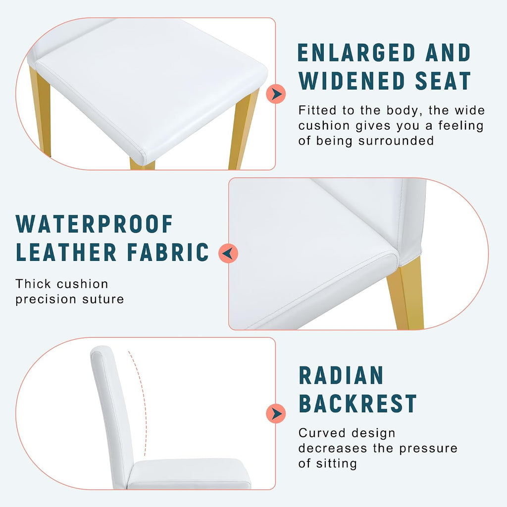 55" White Dining Table Set for 4, Modern Dining Table Set for 4, White Glossy Table with White Faux Leather Chairs, Gold Metal Frame Breakfast Table Set for 4 Ideal for Dining Room,Small Space
