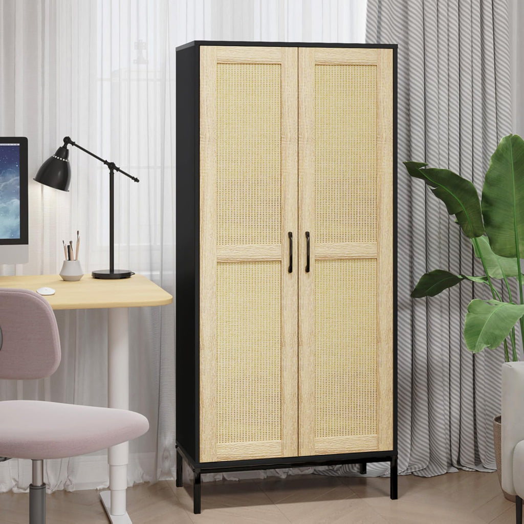 60" Tall Kitchen Pantry with 2 Rattan Doors and 3 Adjustable Shelves,Freestanding Cupboard Storage Cabinet for Kitchen, Laundry Room, Dinning Room and Living Room,Black