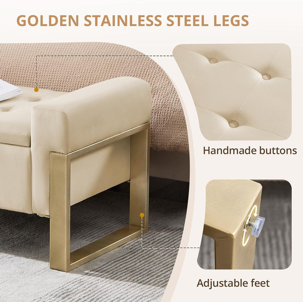 End of Bed Storage Bench, 67'' Bench for Bedroom Foot of Bed King Size, Modern Velvet Storage Ottoman Benches with Gold Legs for Windows Living Room, Beige