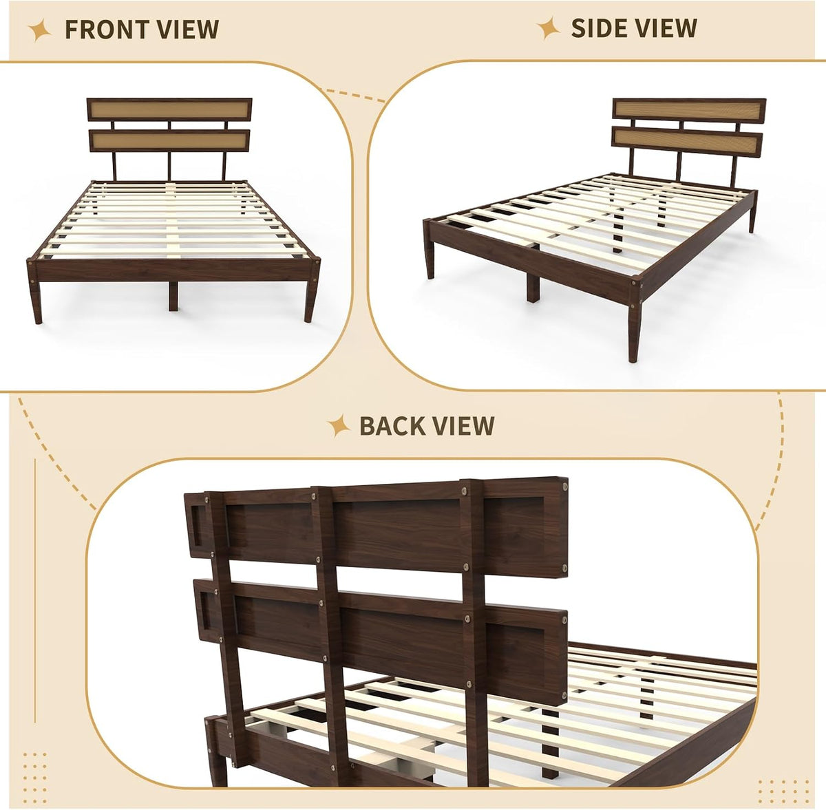 Karl home Bohemia Wood Bed Frame, Queen Size Platform Bed, Walnut Brown