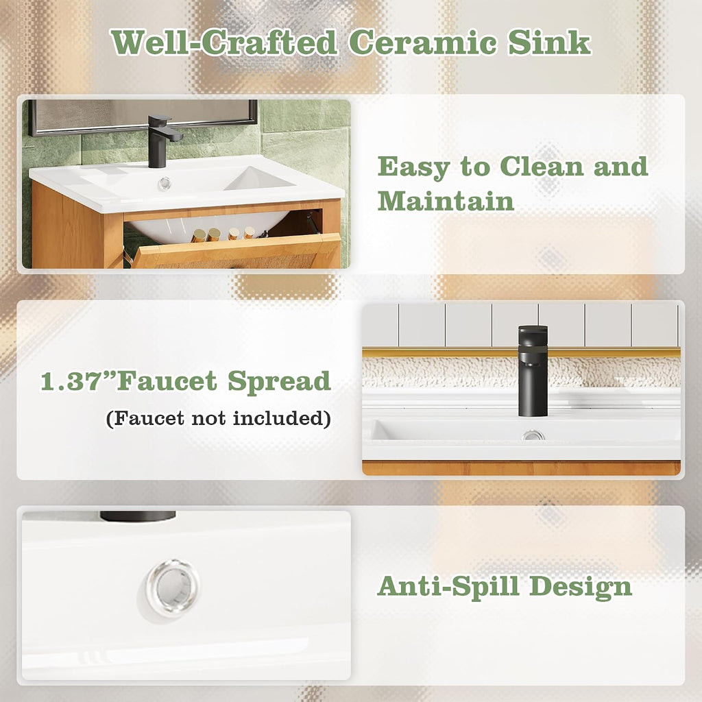JIVOIT 20" Bathroom Vanity with Integrated Ceramic Sink, Wood Bathroom Cabinet with Adjustable Shelf, Soft-Closing Door, Solid Wood Bottom Frame for Small Space