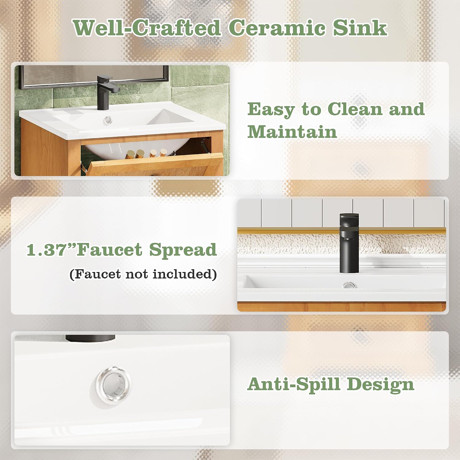 JIVOIT 20" Bathroom Vanity with Integrated Ceramic Sink, Wood Bathroom Cabinet with Adjustable Shelf, Soft-Closing Door, Solid Wood Bottom Frame for Small Space
