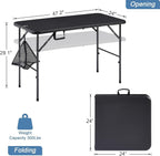 VECELO Folding Table 4 Foot with Mesh Bag, Indoor Outdoor Heavy-Duty Portable w/Handle,Fold-in-Half for Picnic, Party, Camping, Matte Black