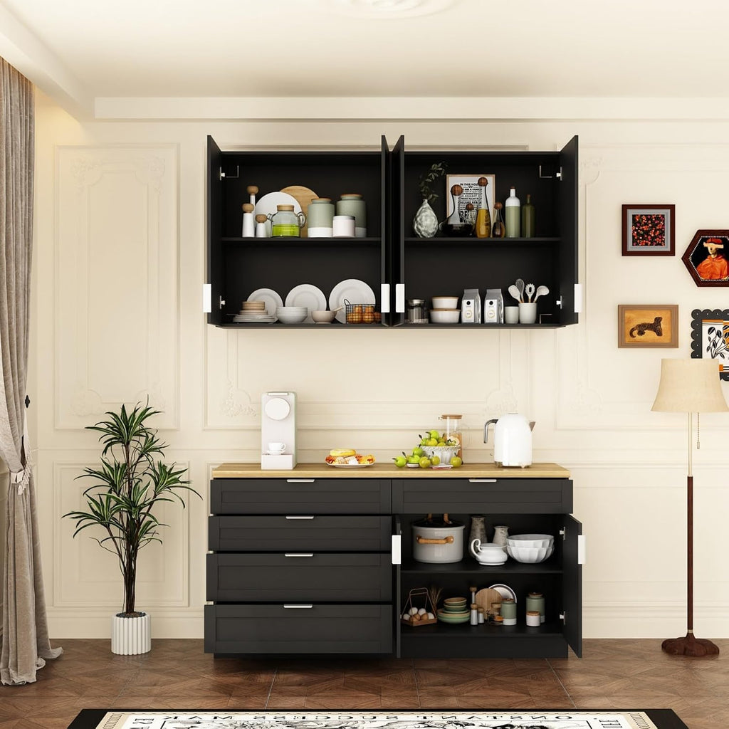 Kitchen Cabinet Set with 5 Drawers and Shelves, Wall-Mounted Pantry Cabinet Set with Doors & Countertop, for Kitchen Storage Black and Oak