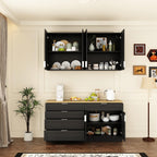Kitchen Cabinet Set with 5 Drawers and Shelves, Wall-Mounted Pantry Cabinet Set with Doors & Countertop, for Kitchen Storage Black and Oak