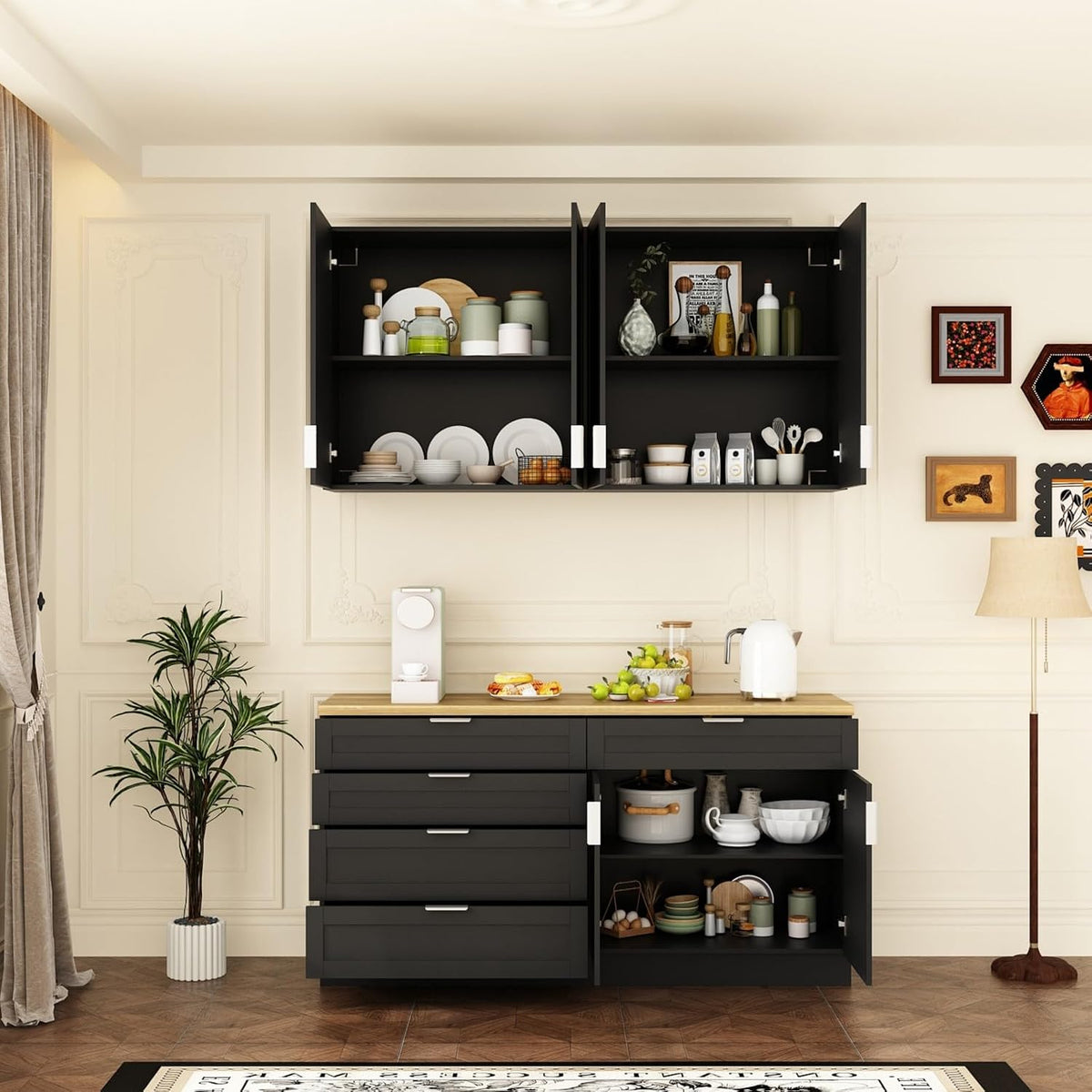 Kitchen Cabinet Set with 5 Drawers and Shelves, Wall-Mounted Pantry Cabinet Set with Doors & Countertop, for Kitchen Storage Black and Oak