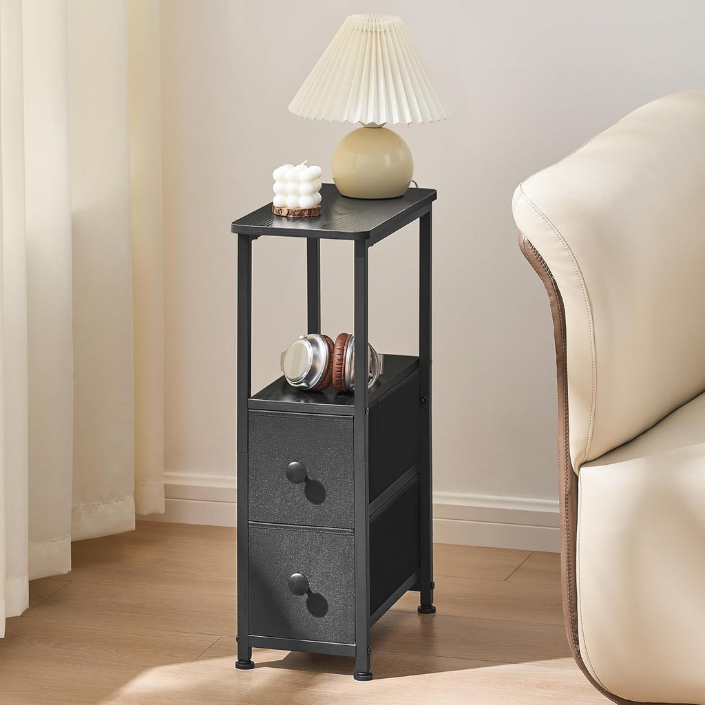 DALEMHOME End Table, Narrow Side Table with 2 Fabric Drawers, Slim Nightstand, Small Bedside Table with Storage, Living Room, Bedroom, Black HKET1200BK