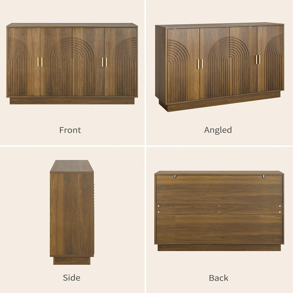 Fluted Sideboard Buffet Cabinet with Storage - 57" Credenza Coffee Bar Cabinet with 4 Doors, Accent Kitchen Storage Cabinets with Adjustable Shelves for Living Room & Kitchen, Entryway, Walnut