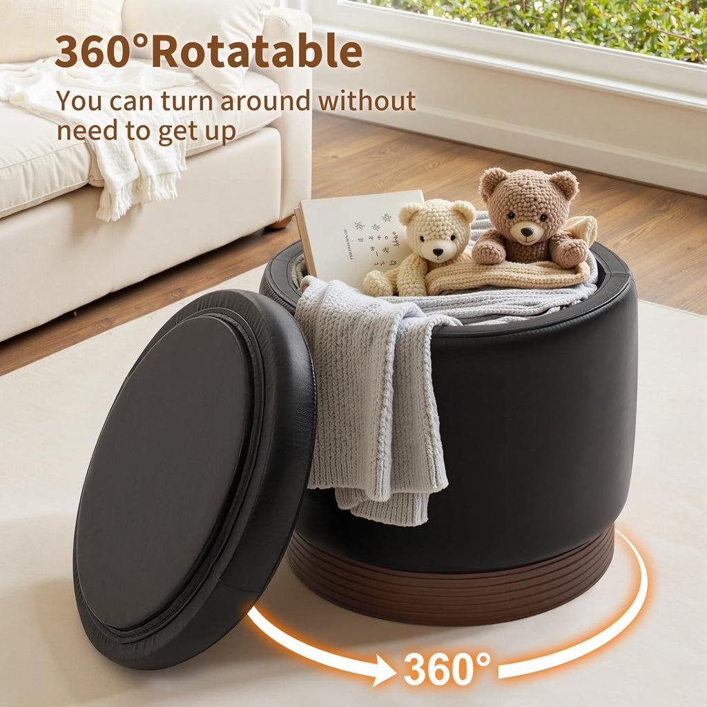 19" Round Swivel Storage Ottoman with Tray Top, Upholstered Faux Leather Foot Stool with Solid Acacia Wood Base 500 lbs Modern Accent Footrest for Living Room & Bedroom Fully Assembled Black