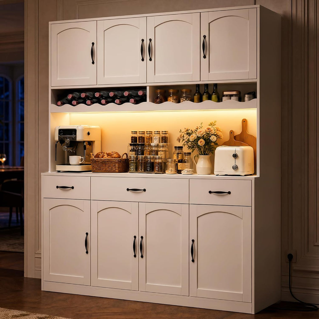 White 72" Tall Kitchen Pantry Cabinet with Charging Station 55" Wide Kitchen Hutch Cabinet with LED Light and Countertop Large Kitchen Cabinet with Adjustable Shelves and Wine Rack