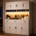 White 72" Tall Kitchen Pantry Cabinet with Charging Station 55" Wide Kitchen Hutch Cabinet with LED Light and Countertop Large Kitchen Cabinet with Adjustable Shelves and Wine Rack
