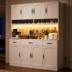 White 72" Tall Kitchen Pantry Cabinet with Charging Station 55" Wide Kitchen Hutch Cabinet with LED Light and Countertop Large Kitchen Cabinet with Adjustable Shelves and Wine Rack