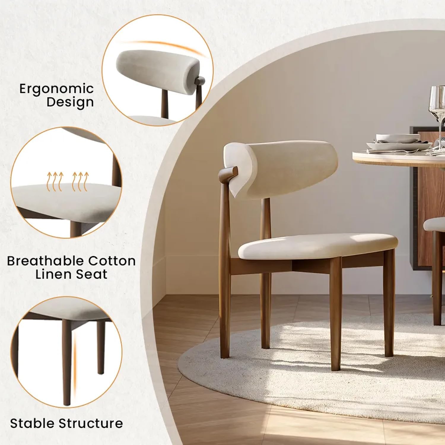 POVISON Modern Dining Chairs Set of 4, Armless Cotton Linen Dining Chair Set with Sackcloth Cushions and Dark Walnut-Coloured Ash Wood, Pre-Assembled Design