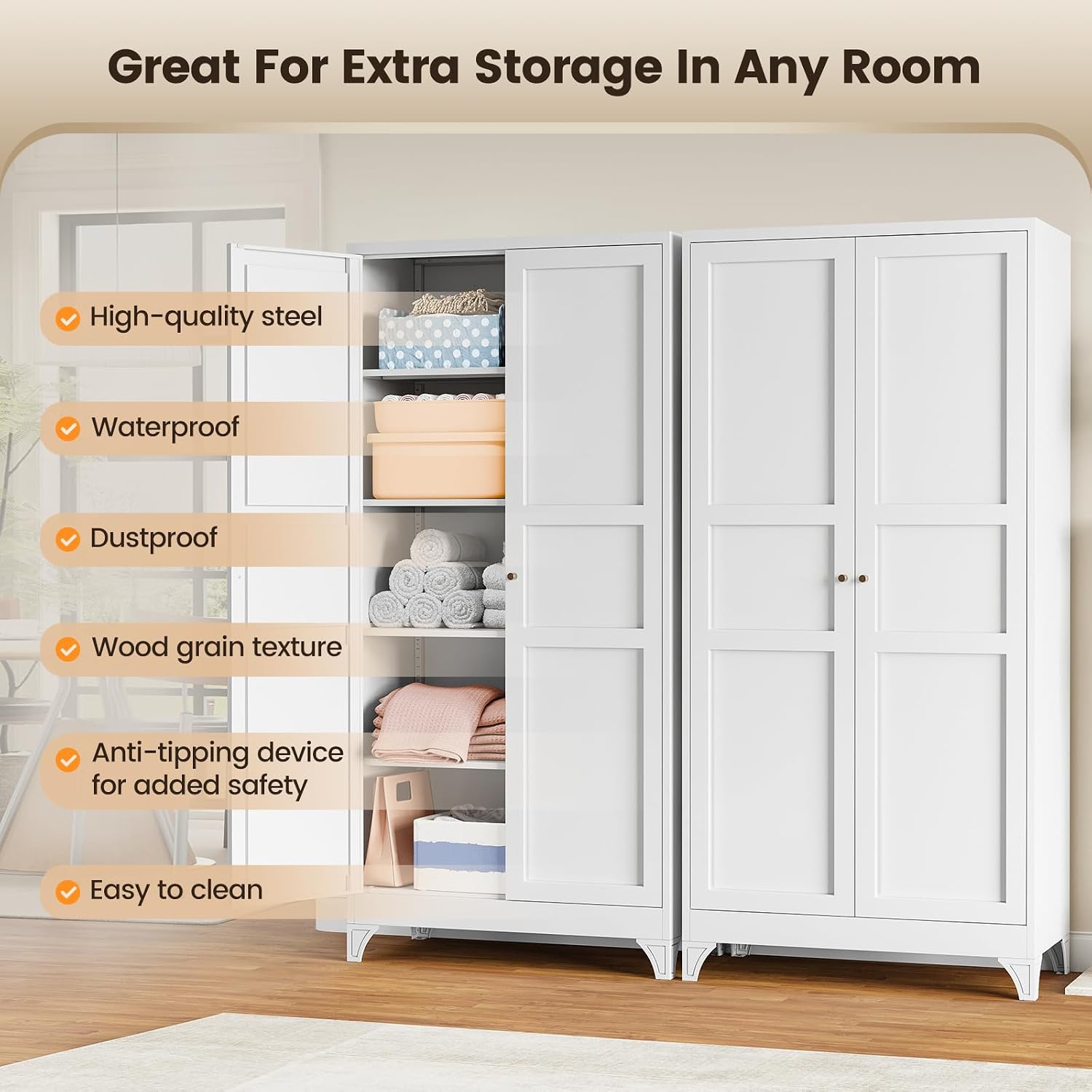 Yizosh Metal Storage Cabinet with 2 Doors and Adjustable Shelves - 61" White Kitchen Pantry Storage Tall Steel Cabinets Locker for Kitchen, Living Room, Dining Room