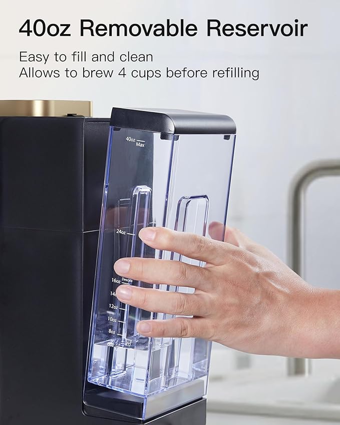 Single Serve Hot & Iced Coffee Maker with Strong Brew, 40oz Removable Reservoir, 6 Brew Sizes, Compatible with K Cup and Grounds, Compact for Home, Office, RV, Black & Gold (2.0 Version)