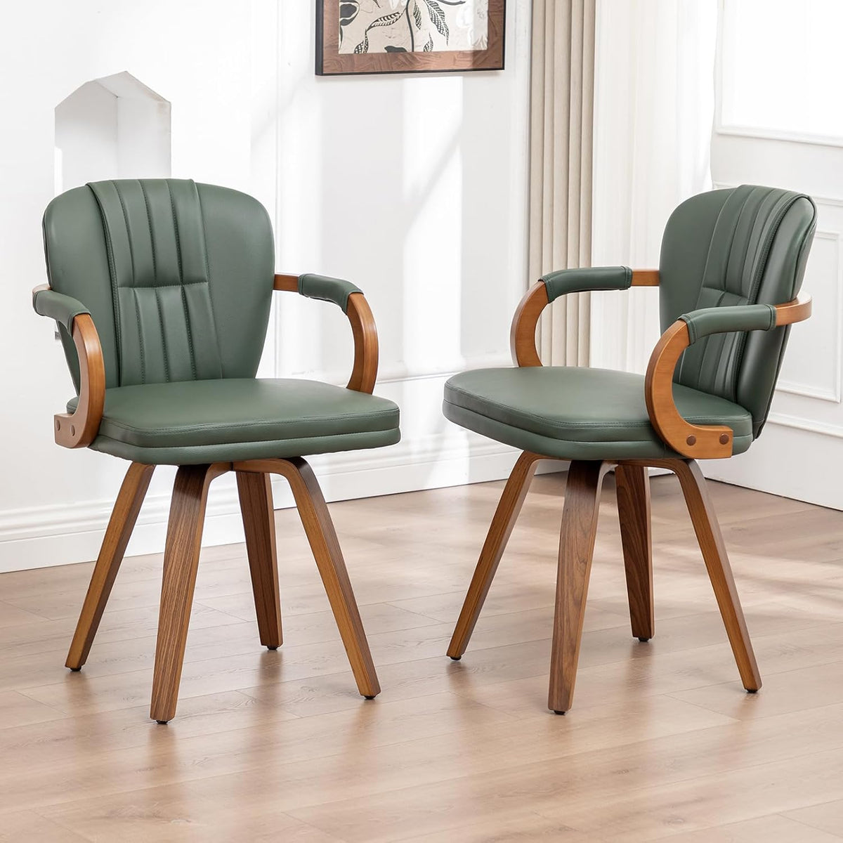 Swivel Dining Chairs Mid Century Modern Green Faux Leather Upholstered Kitchen Chairs with Bentwood Frame Armrests Side Chairs,Comfortable Ergonomic Wood Accent Chair No Wheels,1PCS