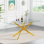 61" Modern Dining Table Set for 6, Rectangular Tempered Glass Dining Table and 6 Grey Velvet Dining Chairs, Luxury 7 Piece Kitchen Dining Room Tables Set with Gold Chrome Metal X-Base