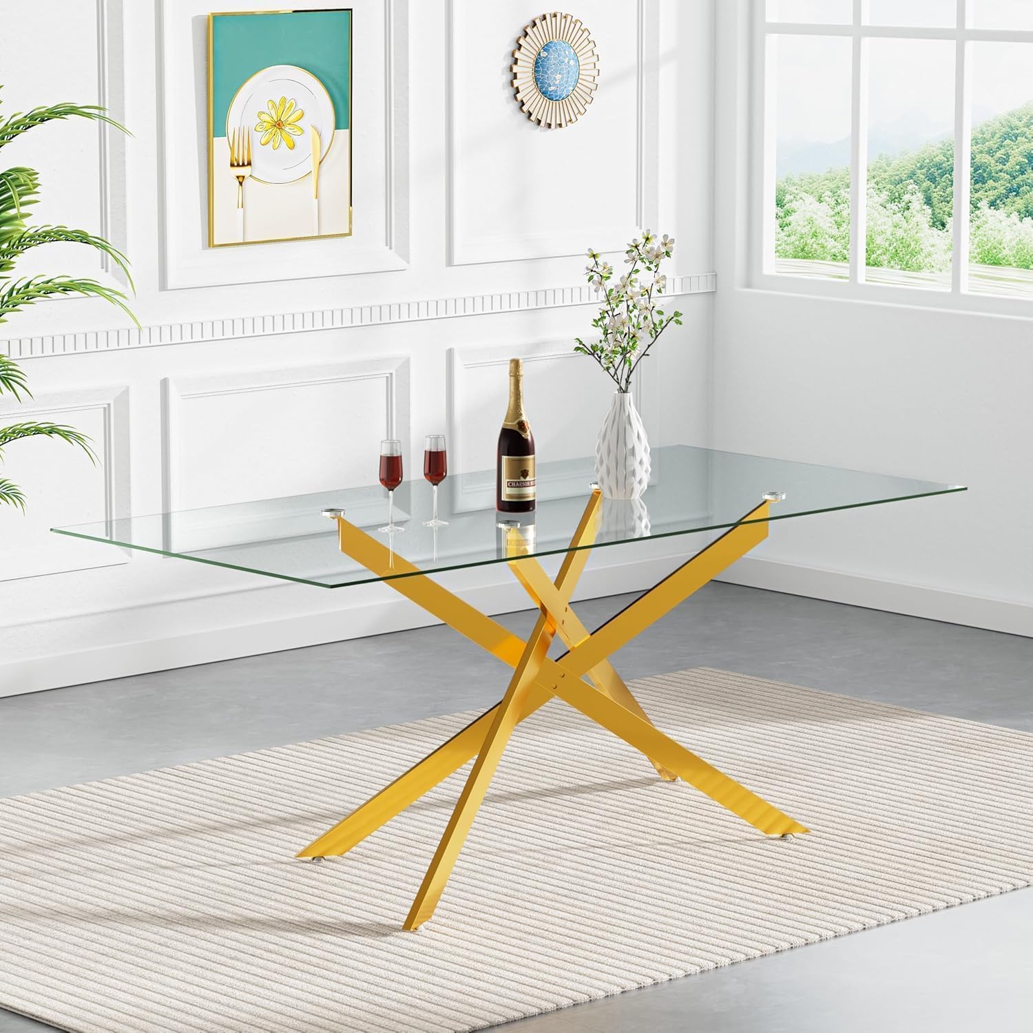 61" Modern Dining Table Set for 6, Rectangular Tempered Glass Dining Table and 6 Grey Velvet Dining Chairs, Luxury 7 Piece Kitchen Dining Room Tables Set with Gold Chrome Metal X-Base