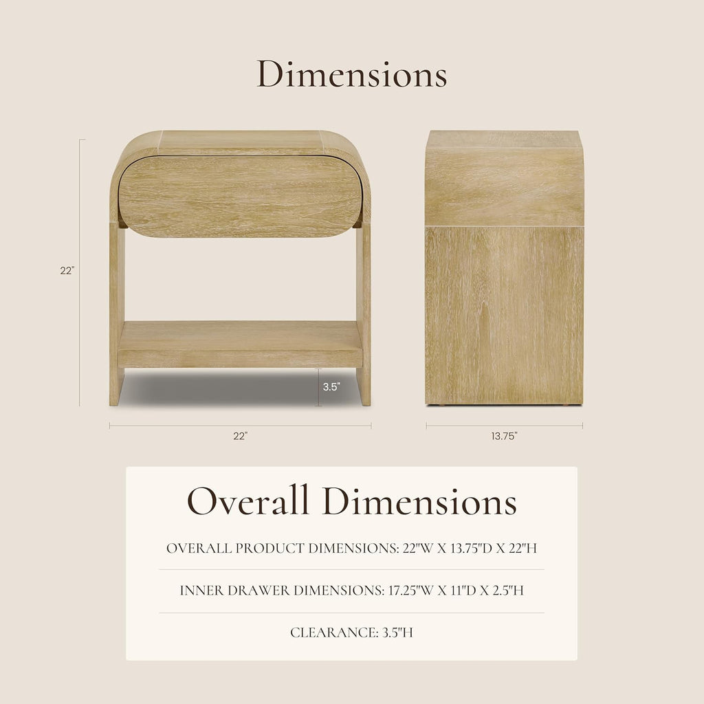 Poly & BARK Aledo 22” Nightstand – Solid and Veneered Wood Construction with Waterfall Edge Detail, One Smooth-Glide Drawer on Metal Runners – Modern Bedside Table for Stylish Bedrooms