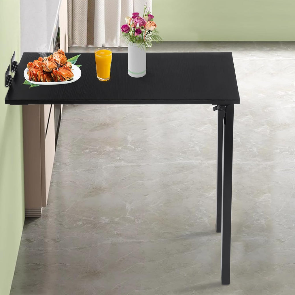 Folding Dining Table, Wall Mounted Folding Table with Support Legs, 29.52 x 15.75 x 29.13 Inch Sturdy Kitchen Desk, Wooden Desk for Small Space Bedroom Living Room Study Room Lounge Office (Black)