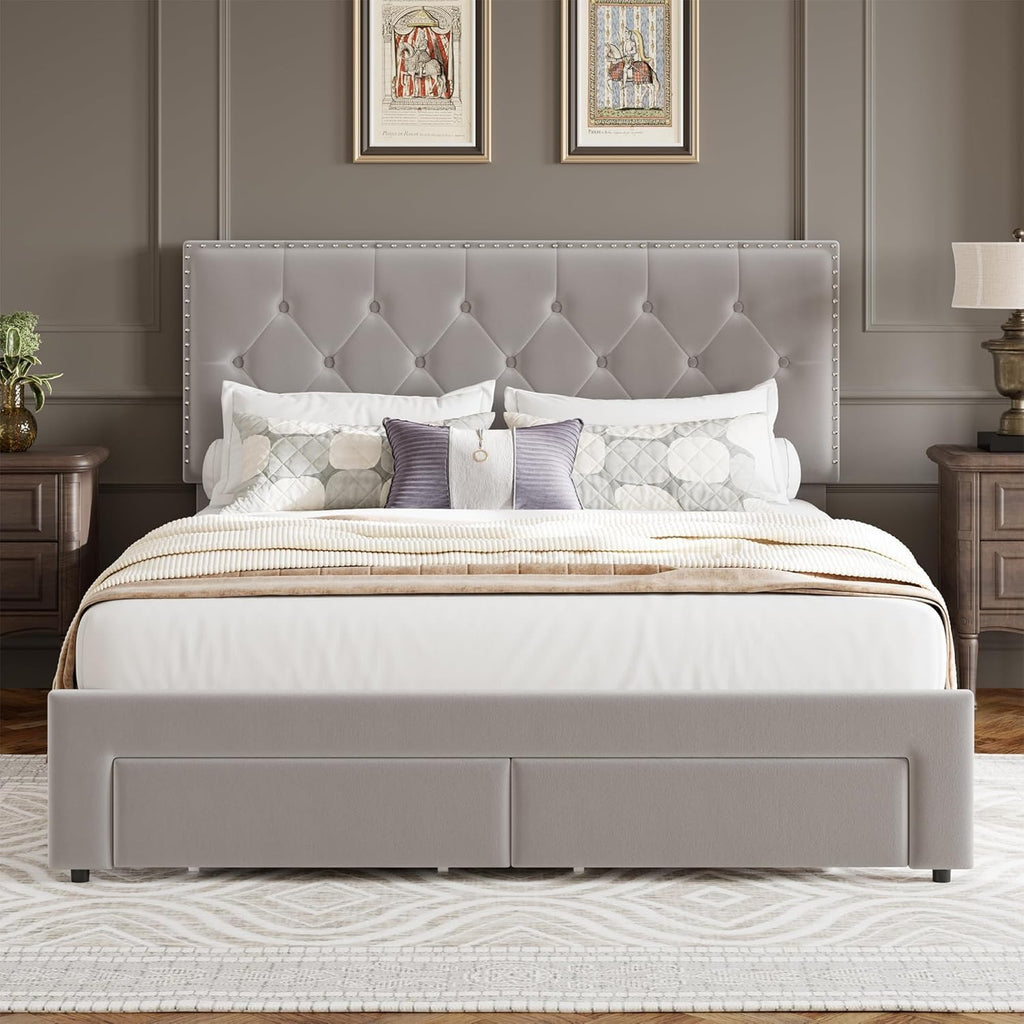 GarveeLife King Size Velvet Upholstered Bed Frame, 2 Storage Drawers with Smooth Casters, Button Tufted Rivets Headboard, Wooden Slat Support, Noise Free & No Box Spring Needed, Beige Bedroom Bed