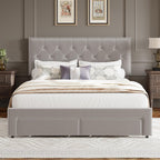 GarveeLife King Size Velvet Upholstered Bed Frame, 2 Storage Drawers with Smooth Casters, Button Tufted Rivets Headboard, Wooden Slat Support, Noise Free & No Box Spring Needed, Beige Bedroom Bed