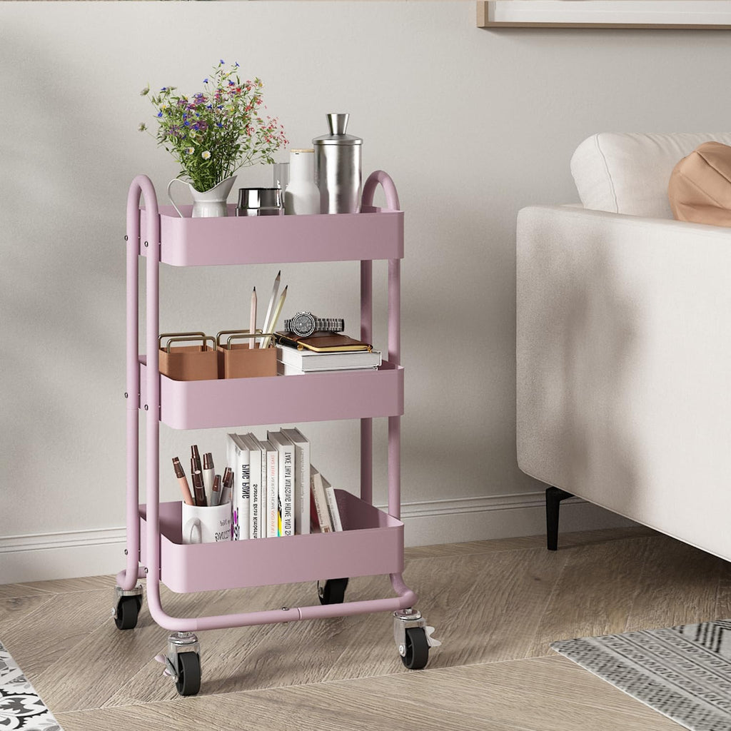 Metal Rolling Cart,3-Tier Pink Rolling Cart with Wheels,Metal Utility Cart with Wheels for Office,Home,Kitchen,Garden（13.4"x18.1"x31"） Pink