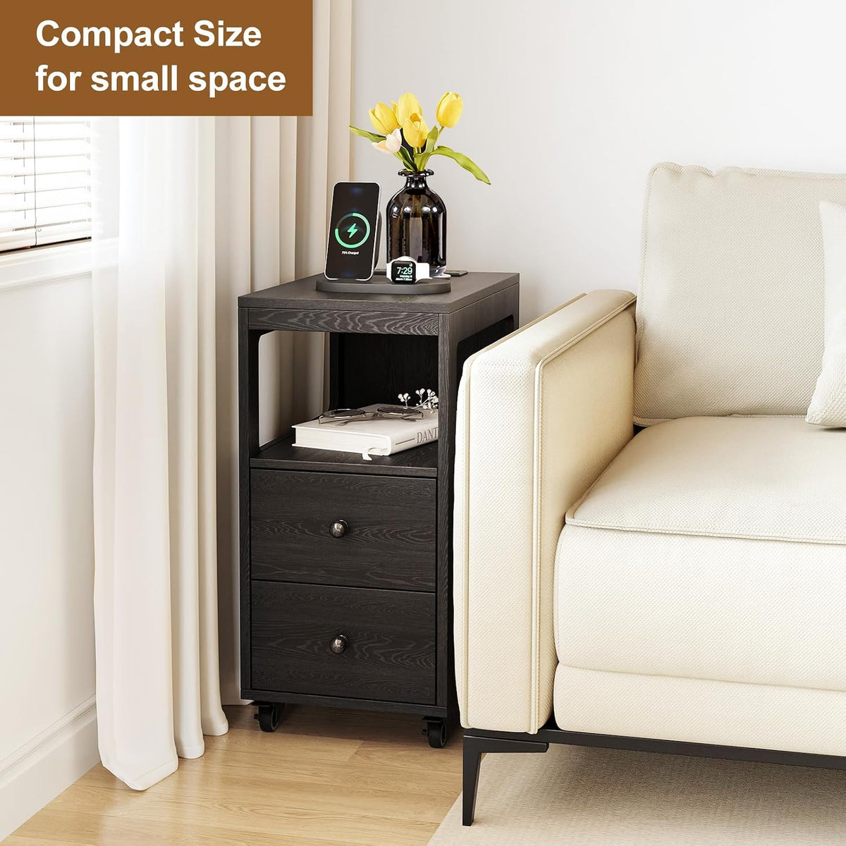 Narrow End Table with Charging Station and Wheels, Movable Narrow Sofa Side Table with USB Ports and Outlets for Small Space, Living Room, Bedroom and Office, Bedside with 4 Wheels (Black)