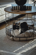 2-Piece Nesting Side Table Set with Cushions Scandinavian Style Round MDF and Metal Frame Modern Living Room Furniture Coffee Table for Pets 21.3 in Diameter - Pine-Black-White Cushion