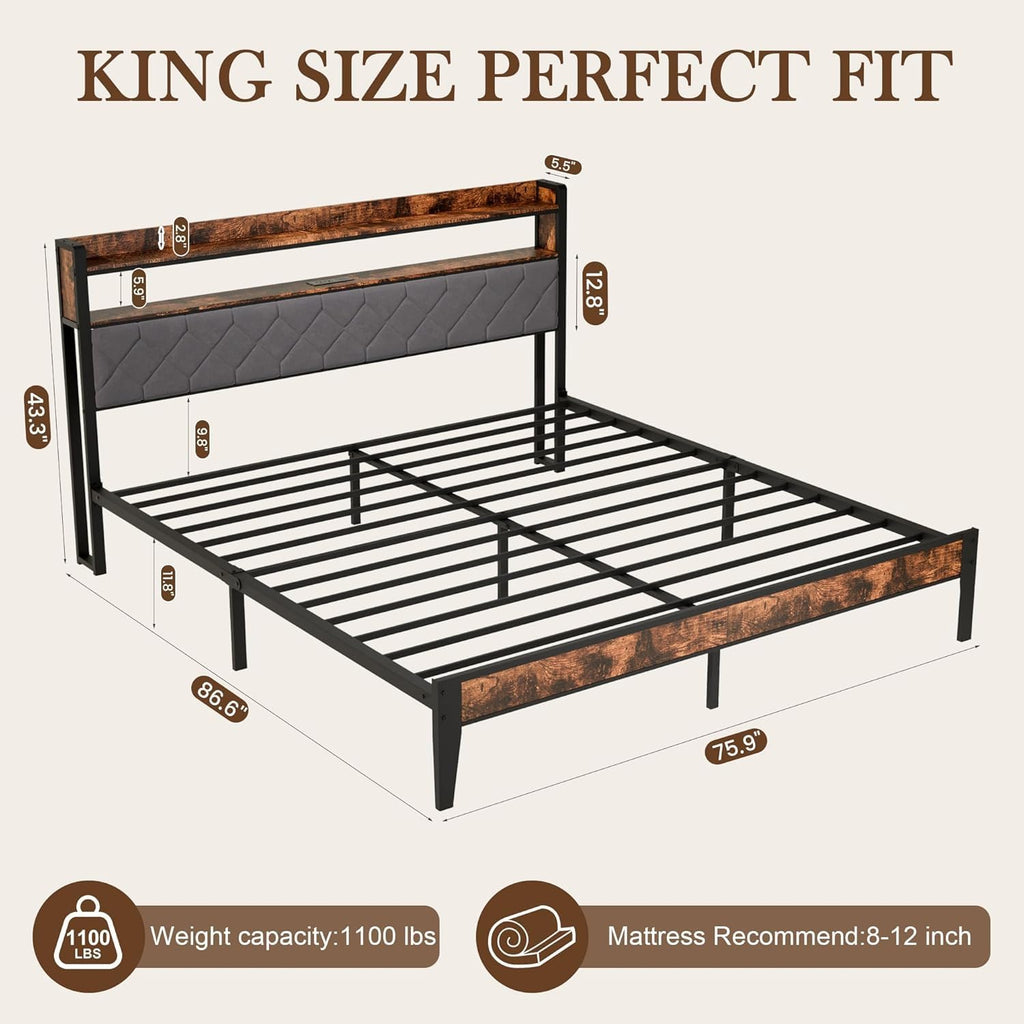 King Bed Frame with Charging Station & 2-Tier Storage Headboard, Grey