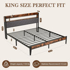 King Bed Frame with Charging Station & 2-Tier Storage Headboard, Grey