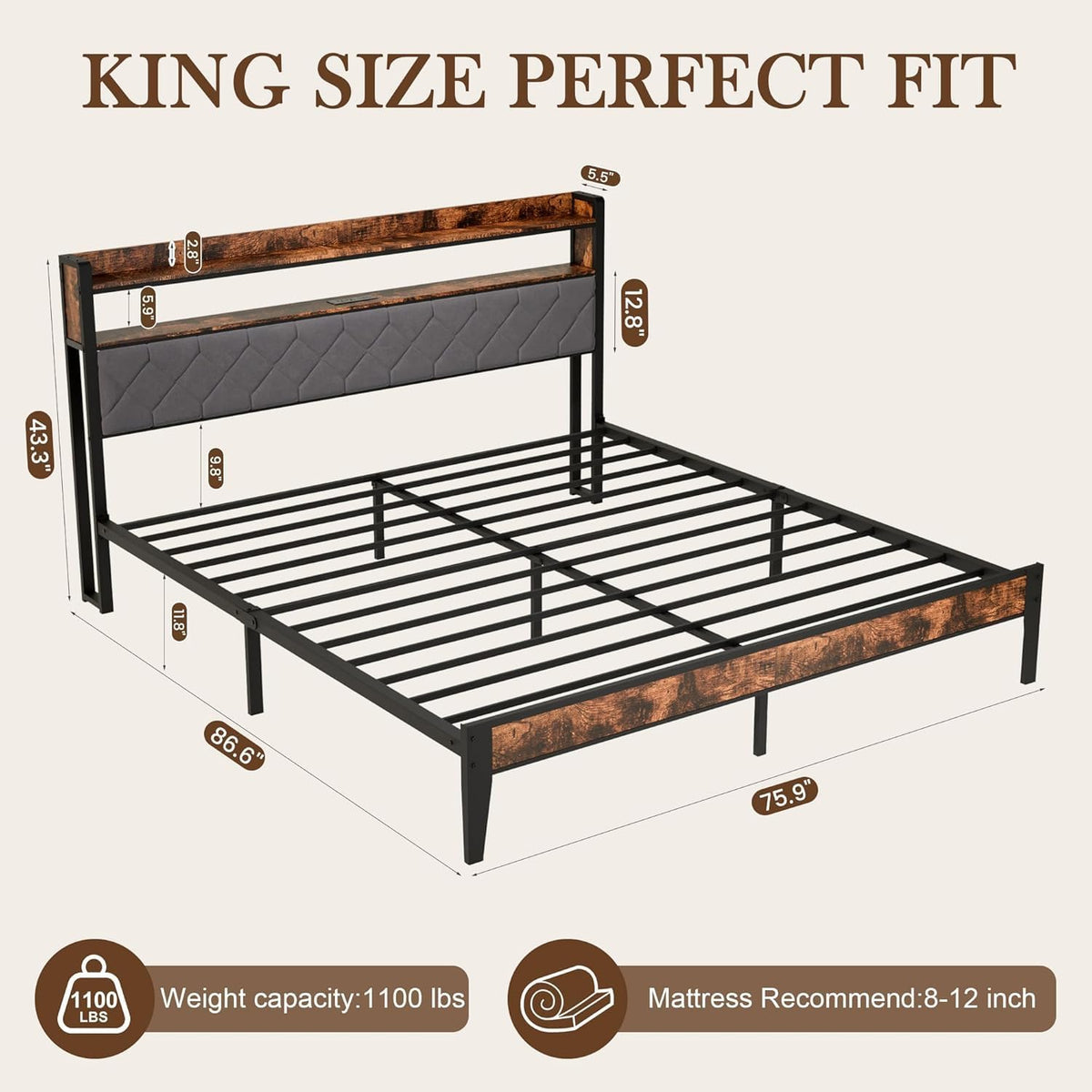 King Bed Frame with Charging Station & 2-Tier Storage Headboard, Grey