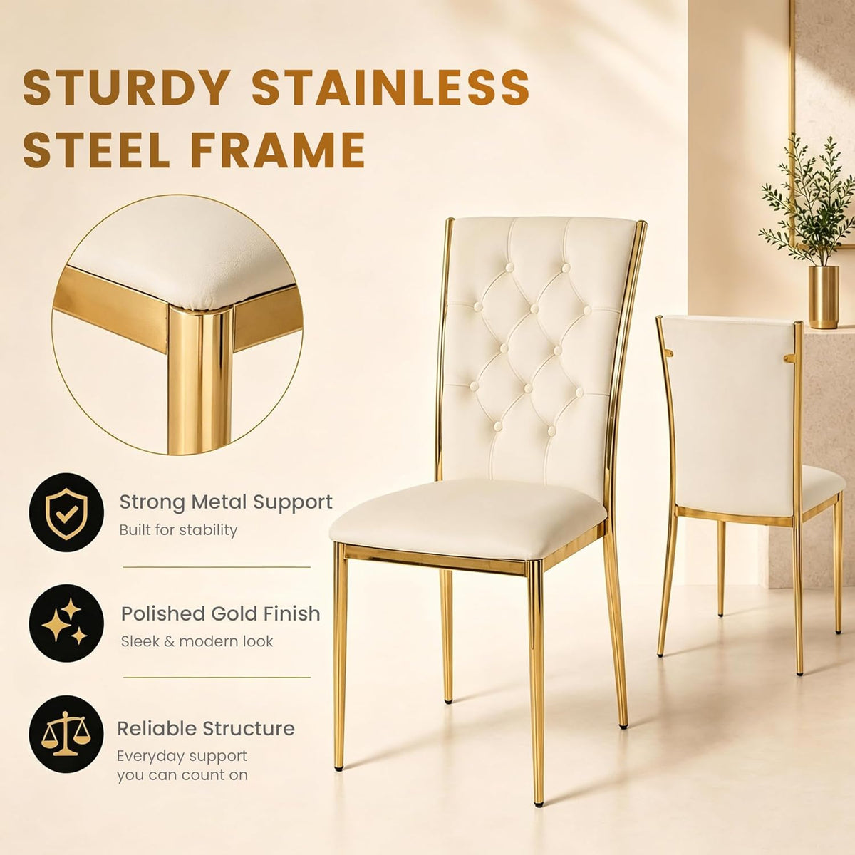 Velvet Dining Chairs Set of 4, Modern Kitchen Chair with Gold Metal Legs, Luxury Upholstered Tufted Dining Room Chairs for Home, Apartment, Living Room - Beige